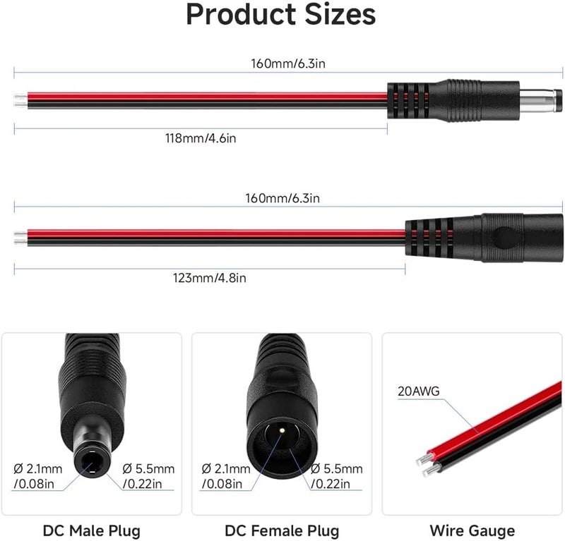BTF-LIGHTING 10 أزواج من موصلات قابس أسطوانة 16 سم 20AWG 5.5 مم × 2.1 مم ذكر/أنثى إلى سلك موصل كابل طاقة DC لشرائط LED FCOB COB 2PIN - Image 2